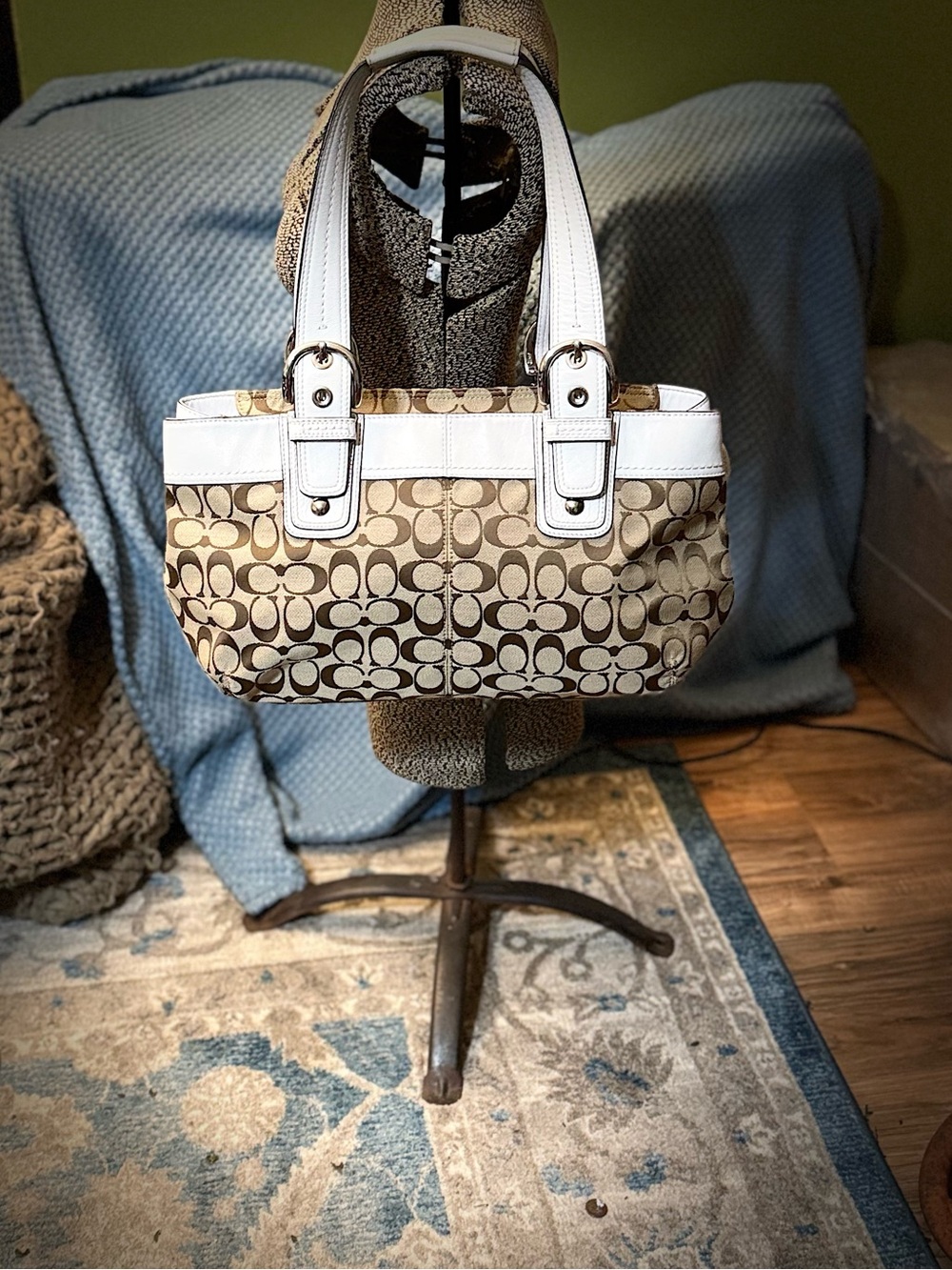 Coach SoHo Pleated Tote – Beige Signature Canvas & White Leather Trim